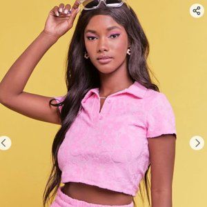 Forever 21 Barbie Cropped Polo Shirt in Size L - Terry Cloth Barbie Pink